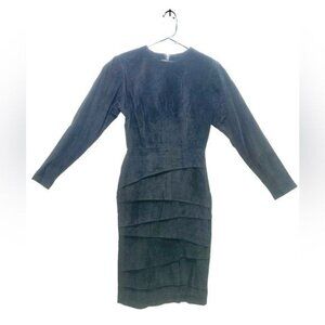 Wimsigoth 100% Suede Leather Dress Womens 6 Black Vintage Midi Ruffle Long Sleev